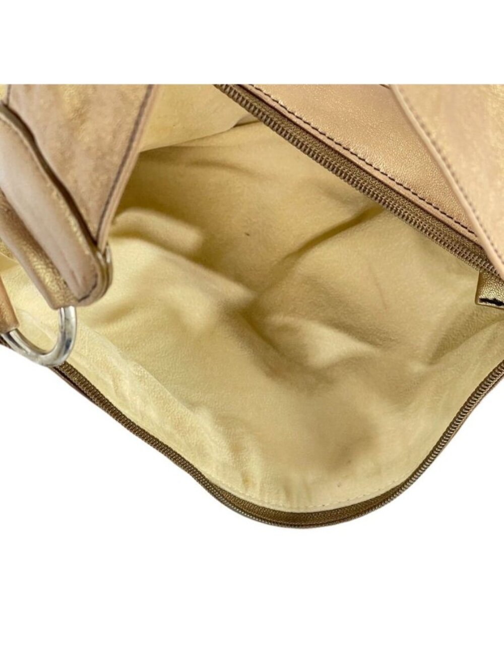 Bolsa Metallic Gold Lambskin Leather Shoulder Bag With Ultrasuede Lining Zip Clo - Picture 11 of 14